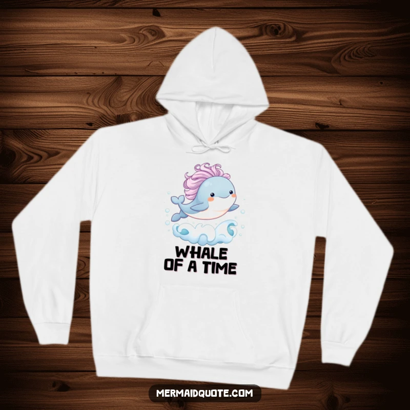Funny hoodie design of a baby whale with a flowing mane joyfully leaping from bubbly ocean waves, offering warmth and whimsical humor.