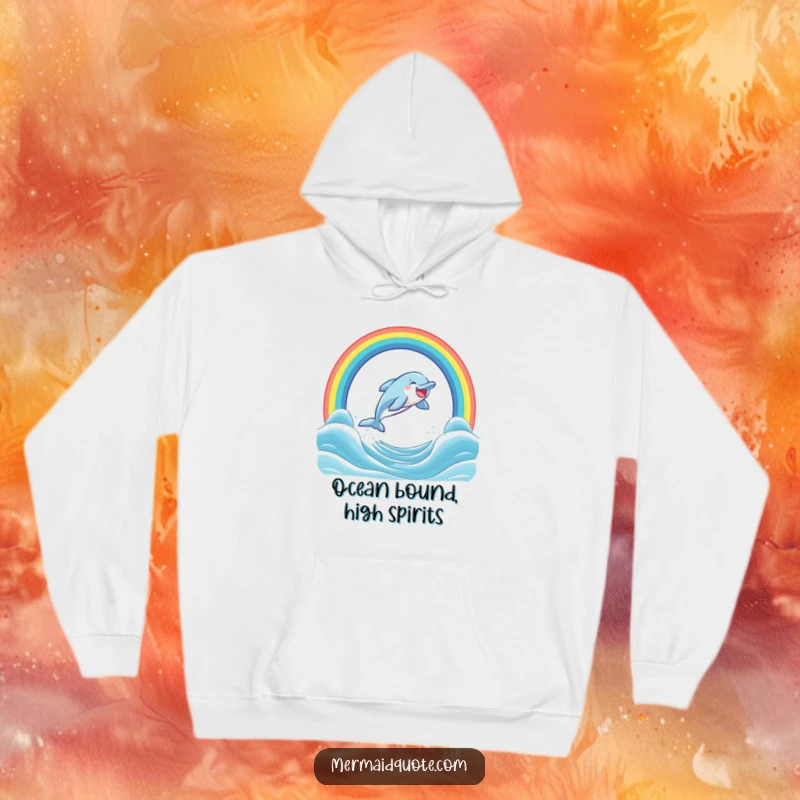 Funny hoodie depicting a joyful dolphin mid-air, soaring through a colorful rainbow over the ocean, spreading pure mirth.