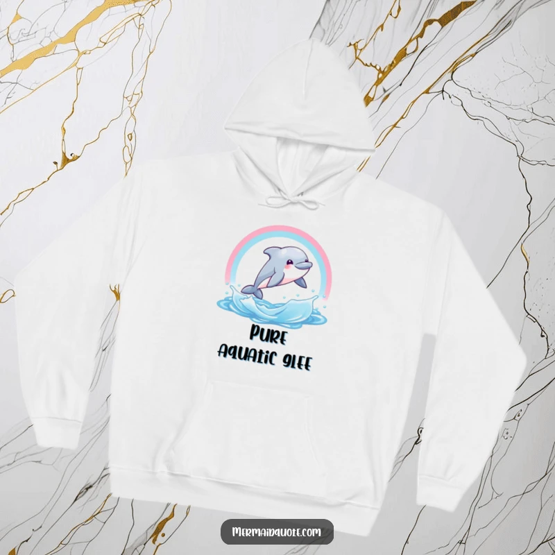 Funny, warm hoodie showing a cheerful dolphin creature mid-leap through a rainbow water splash. A joyful and cozy design.