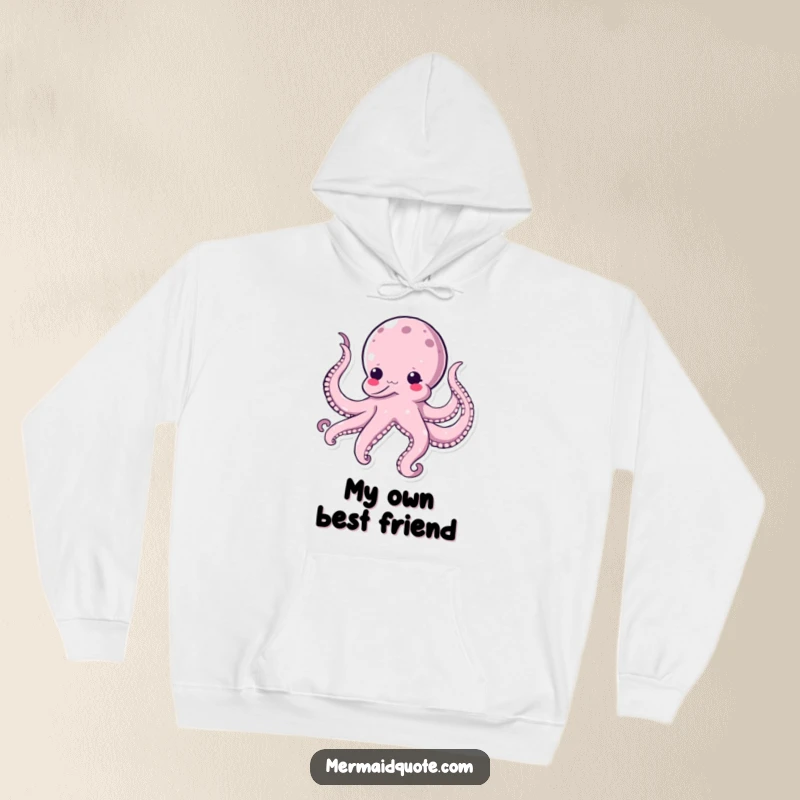 Funny kawaii octopus hoodie, depicting a comical octopus tickling itself with its own tentacles, radiating pure joy and silliness.