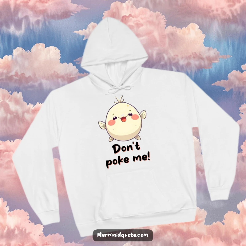 Funny pufferfish hoodie, comically puffed up with a look of delighted surprise, offering warmth and humor for chilly days.