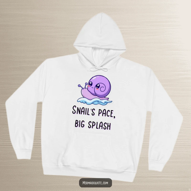 Funny purple sea snail creature with big, bubbly eyes, humorously depicted riding a small wave, designed for cozy comfort.