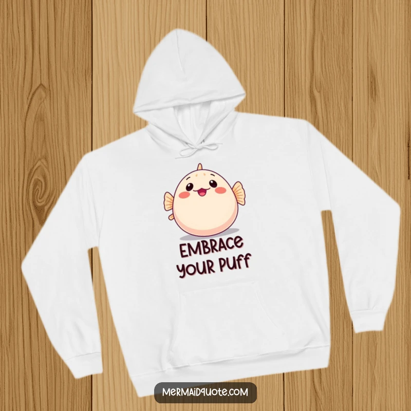 Funny hoodie showing a shy pufferfish humorously inflating into a perfectly round shape, inviting snuggles and laughs.