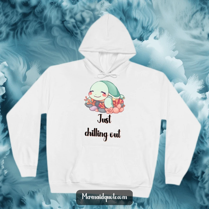 Funny sleeping turtle hoodie depicting a peaceful sea turtle with a contented smile, nestled amongst beautiful coral, perfect for relaxation.
