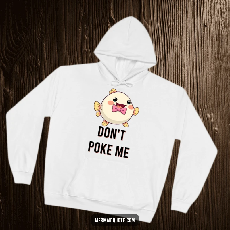 Funny, adorable pufferfish wearing a bow tie, inflating with pure excitement, printed on a soft, warm hoodie.