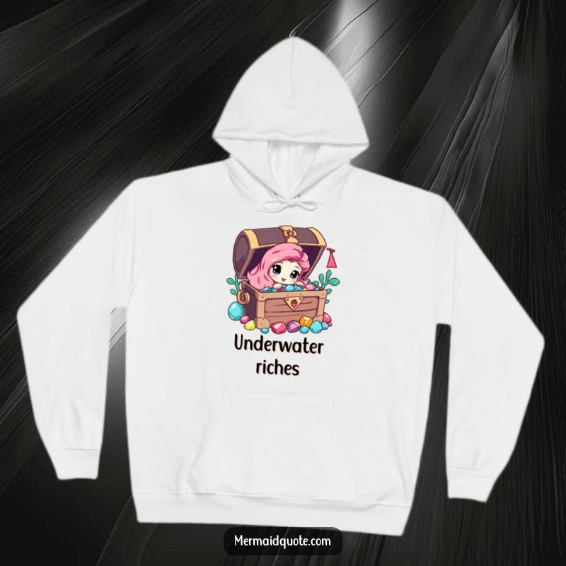 Funny hoodie featuring a curious mermaid peeking from behind a treasure chest overflowing with gems, offering cozy magic.