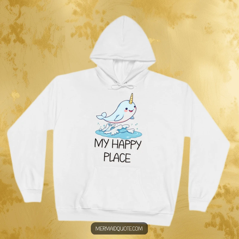 Funny kawaii narwhal leaping gleefully through a shimmering wave on a hoodie, soft and magical for everyday wear.