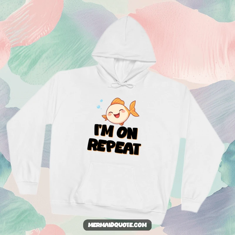 Funny hoodie design of a fish exuding pure joy, surrounded by floating bubbles, depicted in a continuous, humorous swimming pattern.