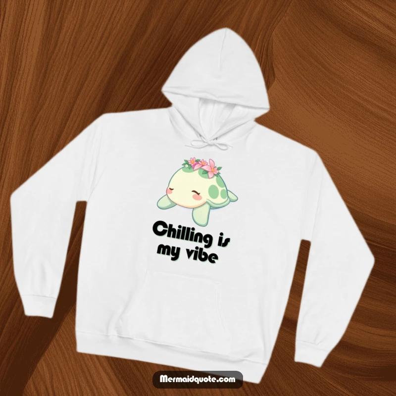 Funny hoodie depicting a sleepy sea turtle adorned with a tiny flower crown, gently drifting, offering comfort and serene humor, a fun gift.