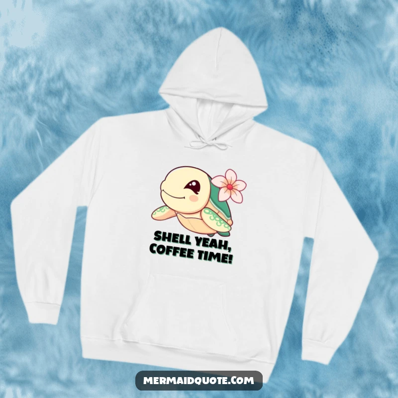 Funny sea turtle wearing a flower, winking and swimming energetically, featured on a soft, warm hoodie.