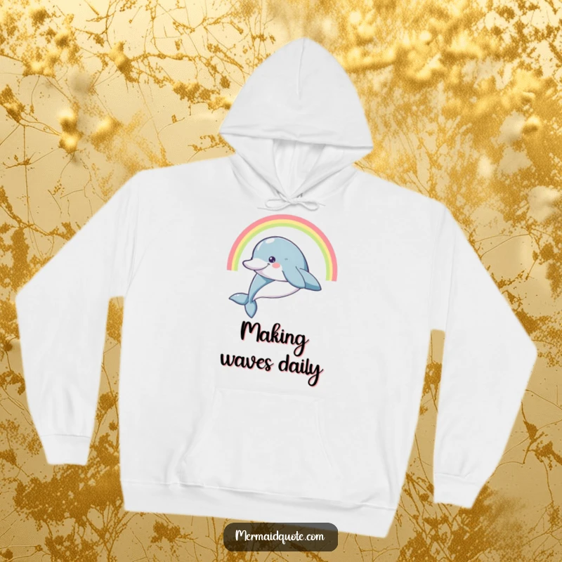 Funny dolphin leaping high under a rainbow, printed on a soft, warm hoodie.
