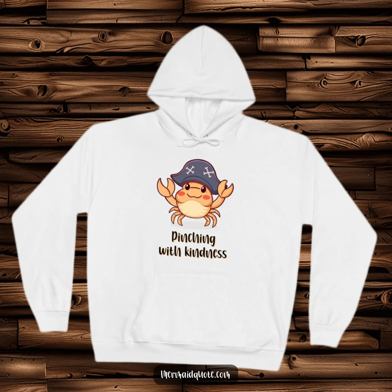 Funny Hoodie depicting a small crab sporting a pirate hat and waving a claw amicably, ready for humorous adventures.
