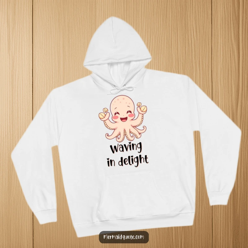 Funny hoodie depicting a smiling octopus waving a collection of small seashells, designed for maximum comfort and comedic effect, a fun gift.