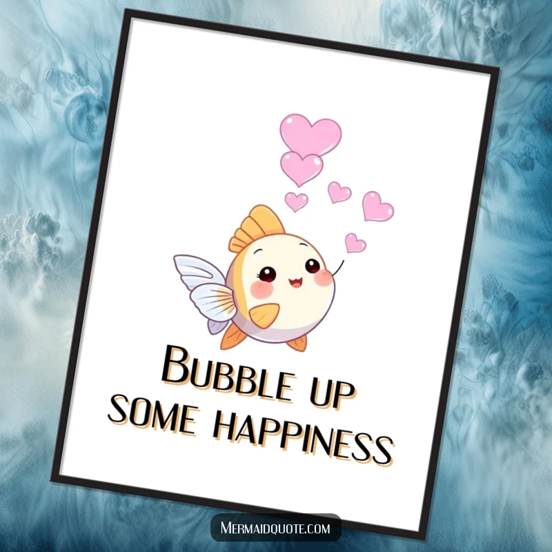 Free printable wall art of a tiny, adorable angelfish happily blowing a beautiful string of heart-shaped bubbles.