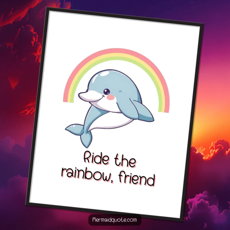 Funny Free Printable Wall Art: A smiling dolphin leaping joyfully under a vibrant rainbow arc.