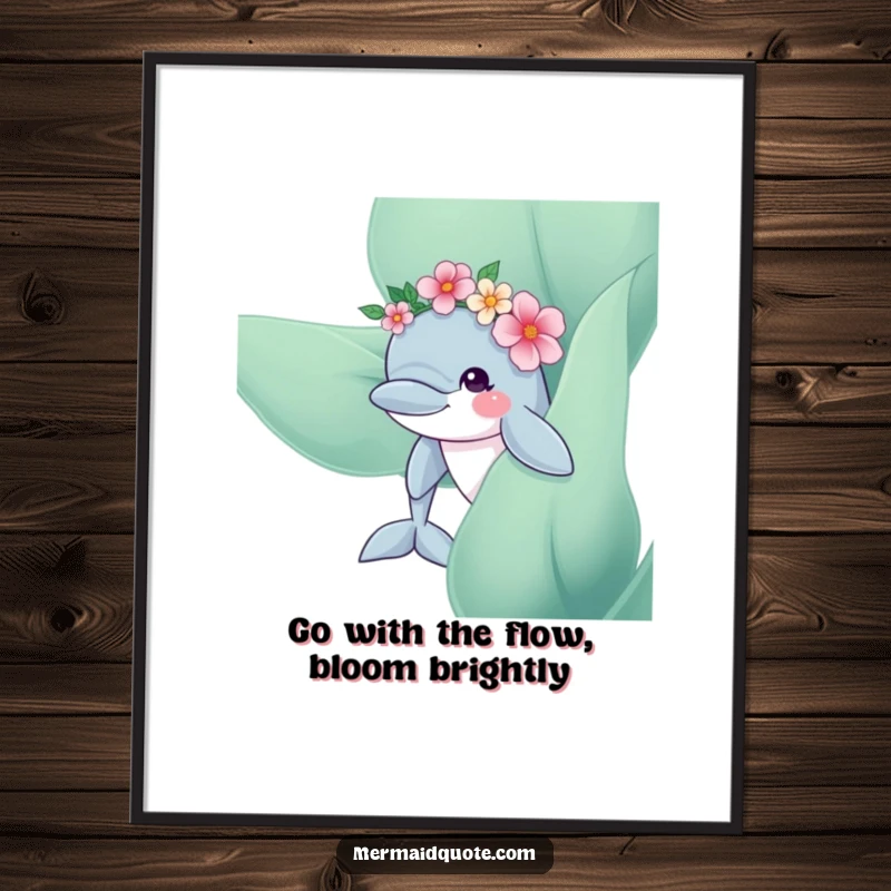 Free printable wall art: A curious dolphin wearing a flower crown peeks from giant kelp, creating whimsical, serene underwater decor.