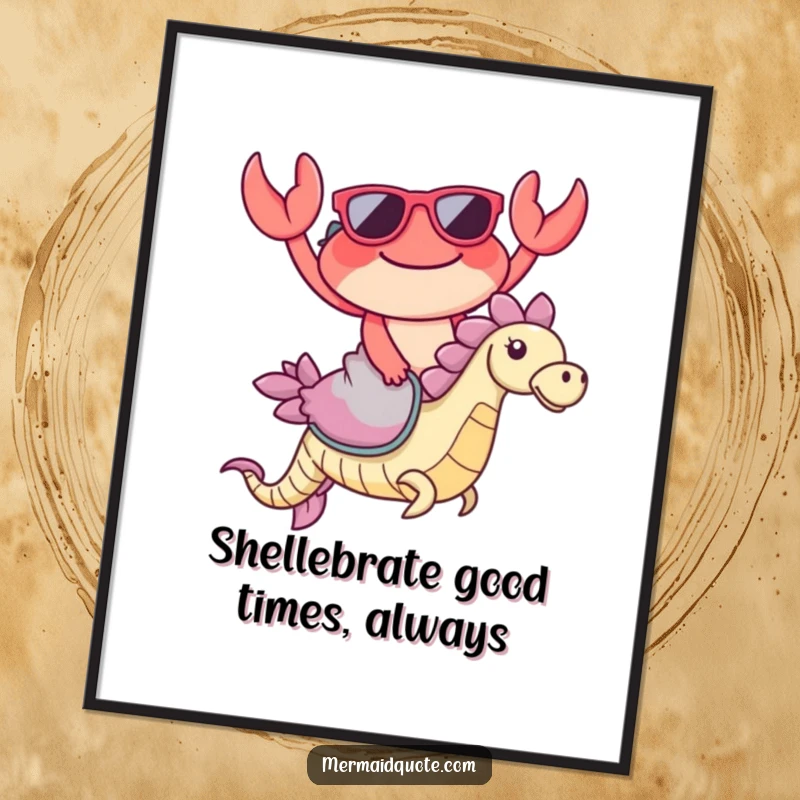 Funny free printable wall art: A cool crab wearing sunglasses rides a seahorse with glee, bringing humorous ocean vibes to your decor.