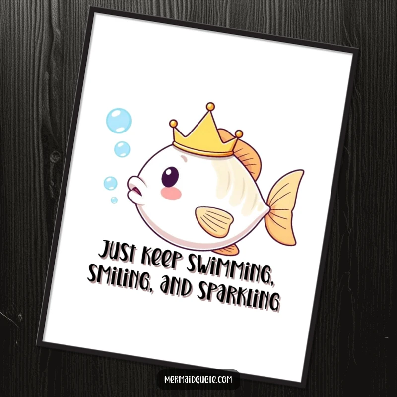 Funny Free Printable Wall Art: A cute kawaii fish with a tiny crown blowing whimsical bubbles.