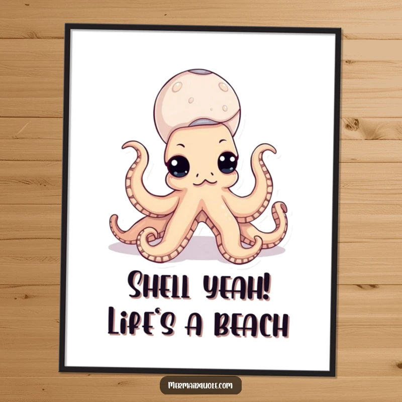 Funny Free Printable Wall Art: An octopus with a stack of seashells perfectly balanced on its tentacles, a whimsical decor piece.