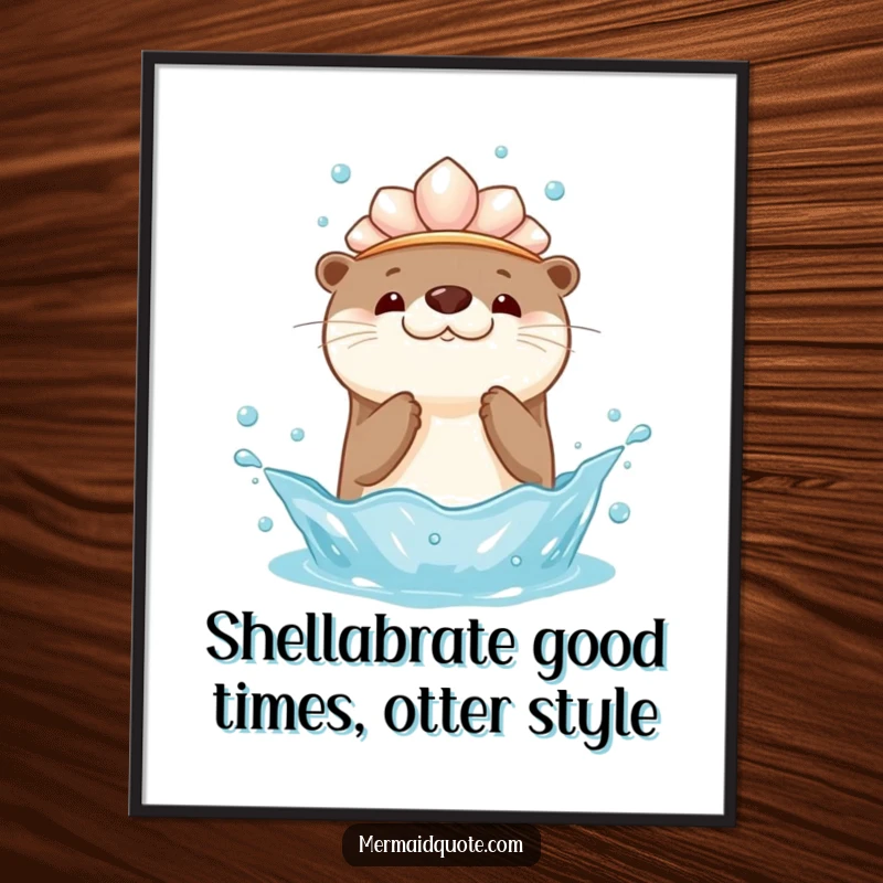 Funny Free Printable Wall Art: A charming kawaii otter wearing a seashell crown splashes water playfully upwards, bringing joy.