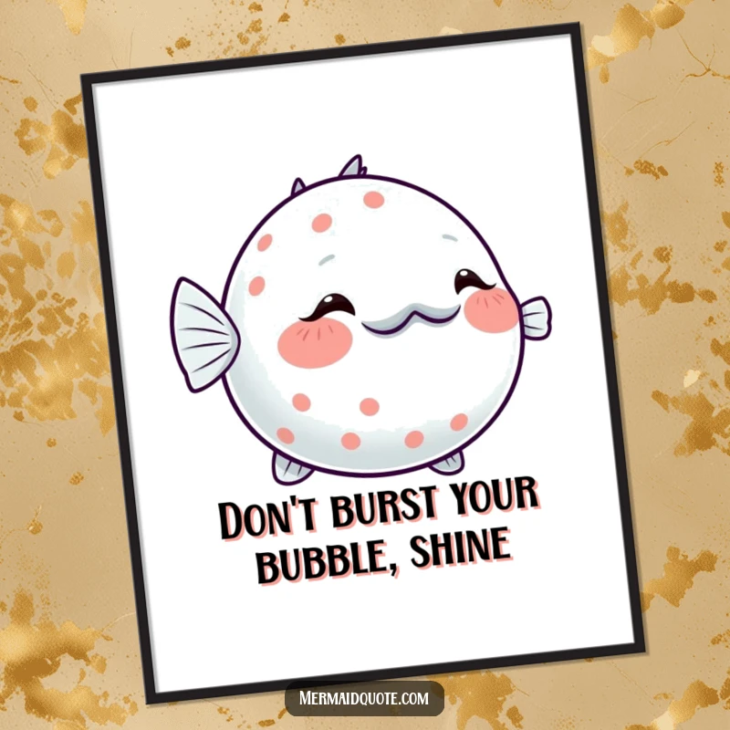 Free printable wall art: A shy pufferfish inflates slightly, blushing with a sparkling glow, creating a cute and heartwarming ocean scene.