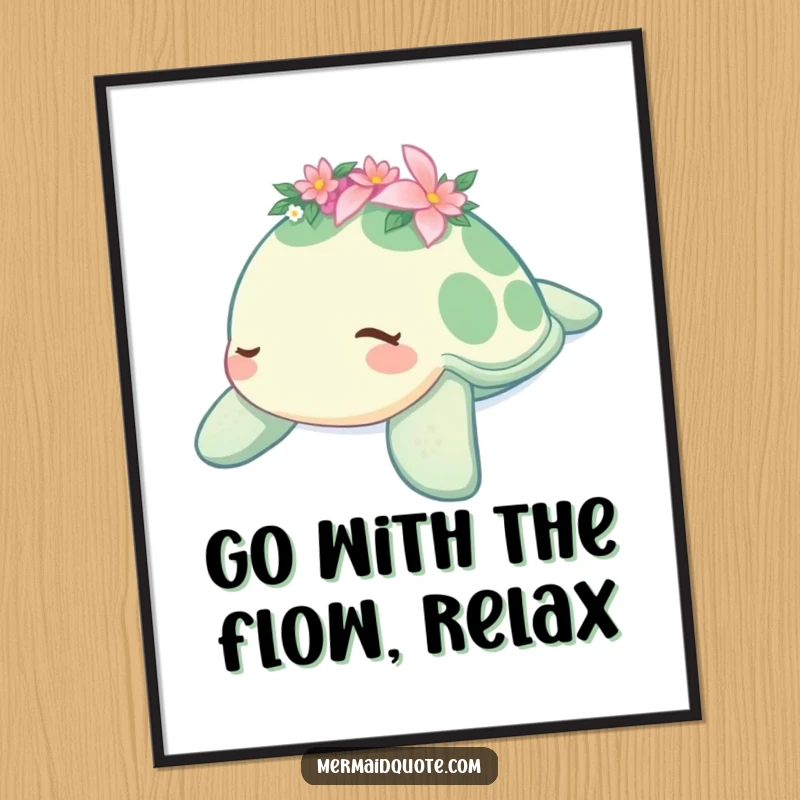 Funny Free Printable Wall Art: A tranquil sea turtle wearing a small flower crown gently drifts, evoking peaceful underwater serenity.