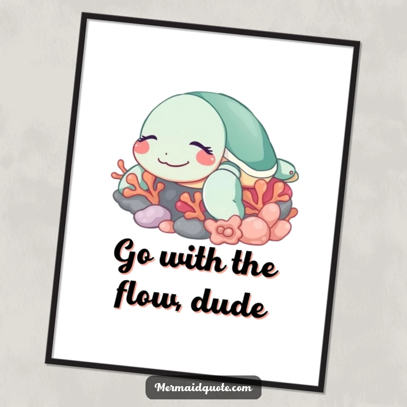 Funny Free Printable Wall Art: A sleeping sea turtle with a peaceful smile nestled near vibrant coral, exuding coastal serenity.