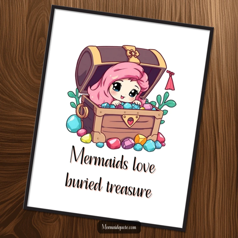 Funny Free Printable Wall Art of a curious mermaid peeking from behind a pirate chest overflowing with glittering gems, evoking wonder.