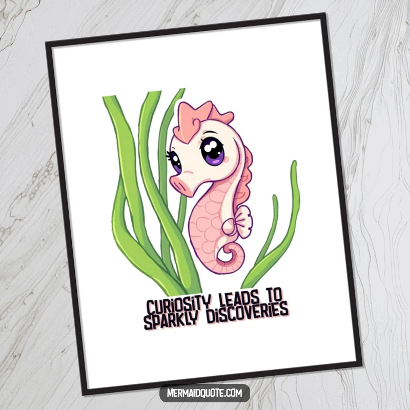 Funny Free Printable Wall Art: A curious seahorse with wide, sparkling eyes peeks from seaweed, a charming DIY decor piece.