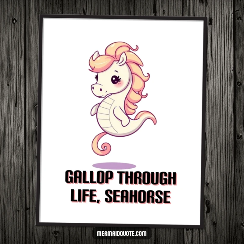 Funny Free Printable Wall Art: A joyful seahorse with a swirling mane gallops with dynamic energy, creating a lively visual.