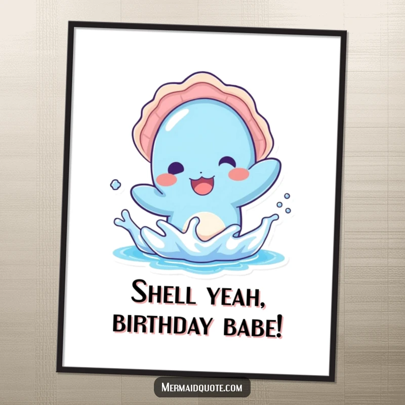 Funny Free Printable Wall Art: Kawaii blue creature with a seashell hat splashing playfully, creating a vibrant and cheerful underwater scene.