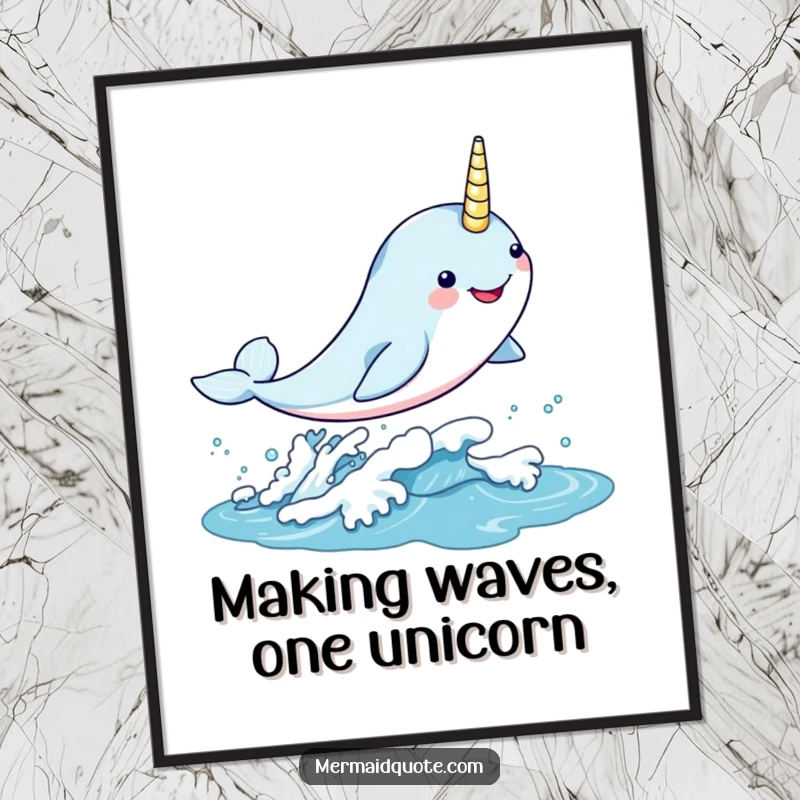 Funny Free Printable Wall Art: A kawaii narwhal leaps with pure joy through a shimmering ocean wave, creating a magical scene.