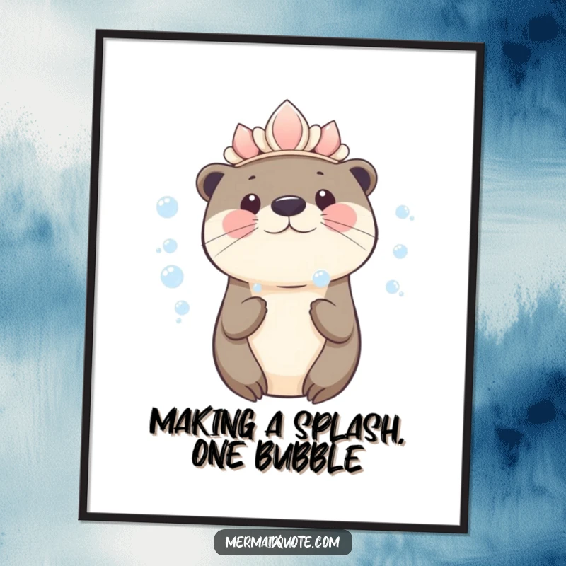 Funny Free Printable Wall Art: A kawaii otter in a seashell crown blows shimmering bubbles, adding whimsy to any room.