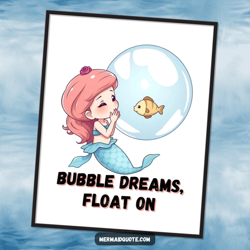 Funny free printable wall art of a mermaid blowing a shimmering bubble that contains a tiny fish. A whimsical and enchanting underwater illustration.