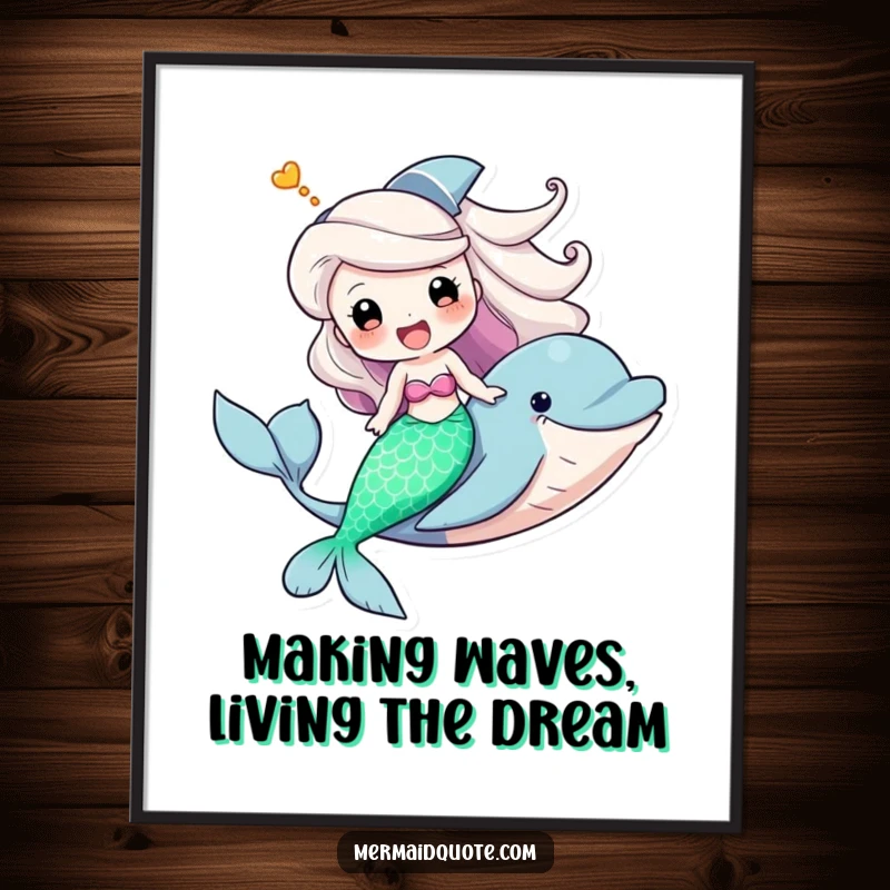 Funny free printable wall art of a triumphant mermaid riding a dolphin, both displaying wide, happy grins. An energetic and joyful underwater scene.