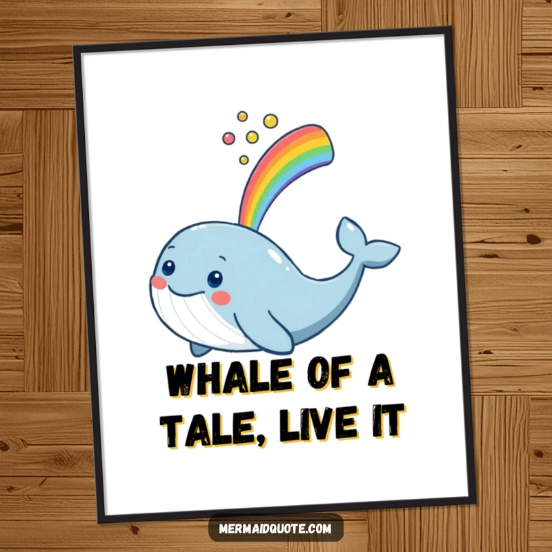 Funny Free Printable Wall Art: A smiling whale joyfully spouts a vibrant rainbow into the air, creating a cheerful scene.