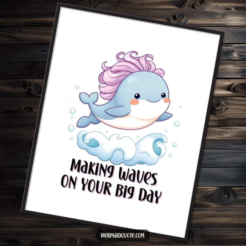 Funny Free Printable Wall Art: A baby whale with a flowing mane joyfully leaps from bubbly ocean waves, capturing pure elation.