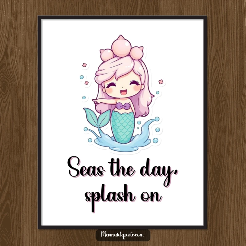 Funny Free Printable Wall Art: A friendly mermaid with a seashell crown joyfully splashes water, creating a playful underwater scene.