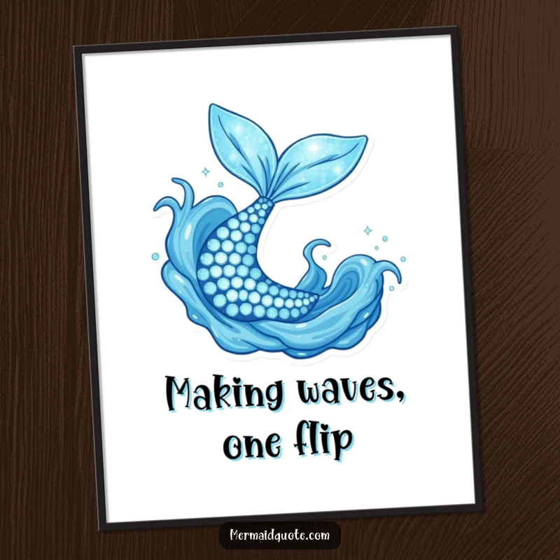 Funny Free Printable Mermaid Tail Wall Art flipping joyfully in blue water, a whimsical oceanic decor piece. Downloadable art.