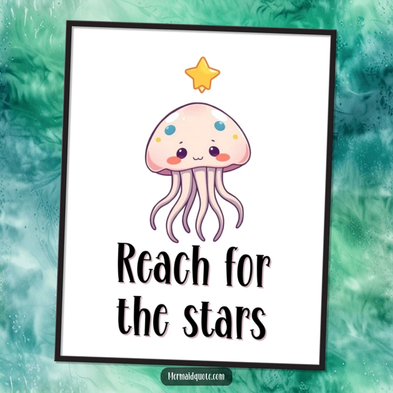 Free Printable Wall Art: A curious jellyfish with ethereal tentacles gently reaching towards a luminous, distant star.