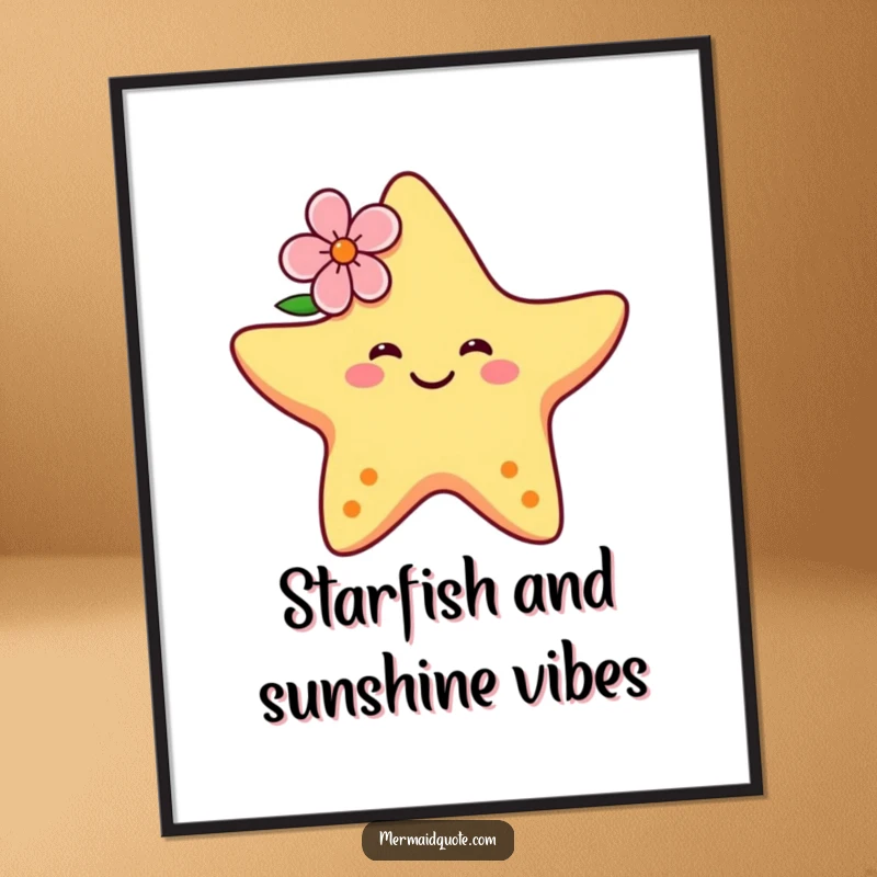 Funny Free Printable Wall Art: A smiling starfish with a tropical flower behind its ear dances exuberantly, a cheerful downloadable art.