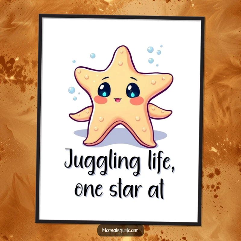 Funny Free Printable Wall Art: A starfish with sparkling eyes juggles tiny glowing pearls, creating a mesmerizing underwater scene.