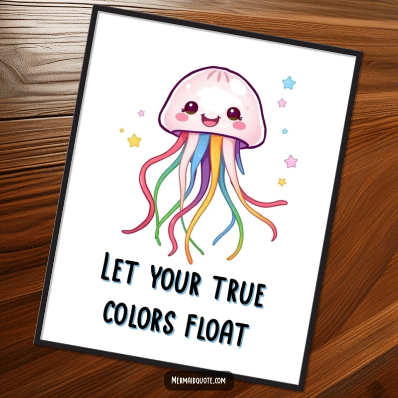 Funny Free Printable Wall Art: A happy jellyfish creature trails bright, colorful ribbons through the water.