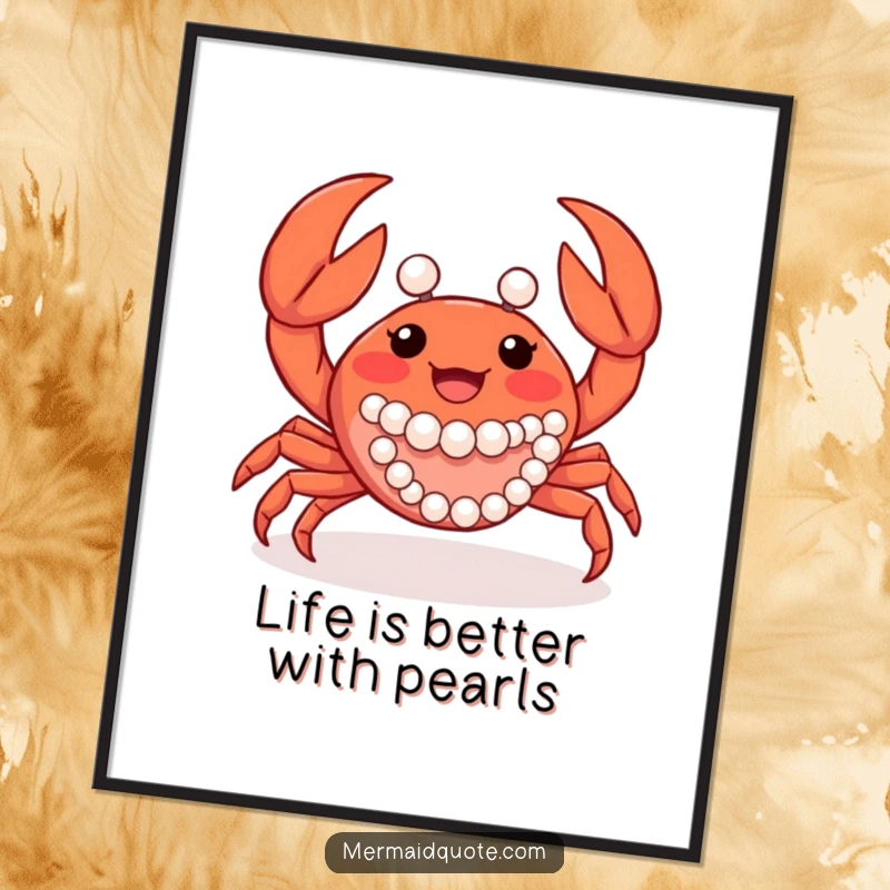 Funny Free Printable Wall Art: A joyful crab creature waves its claws, adorned with elegant pearls.