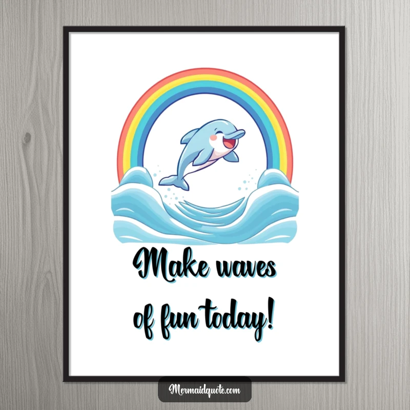 Funny Free Printable Dolphin Rainbow Wall Art: A joyous dolphin leaps through a vibrant rainbow arch over the blue ocean.
