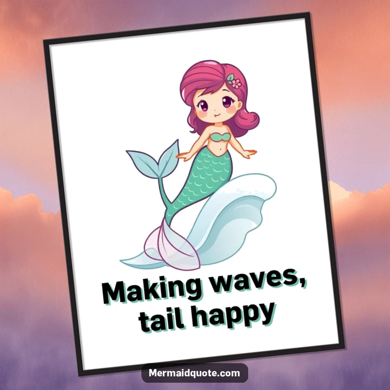 Free Printable Wall Art depicting a mermaid joyfully riding a gentle wave, her tail swishing happily, creating a serene and cheerful scene.
