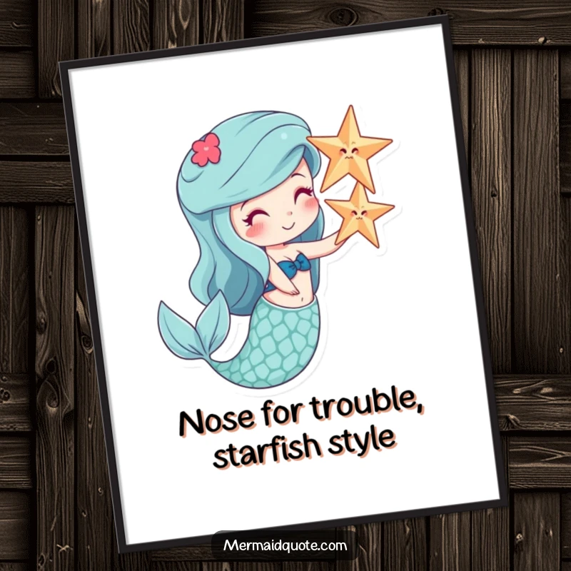 Funny Free Printable Wall Art showing a mermaid with a wide smile balancing a starfish on her nose, creating comical undersea art.