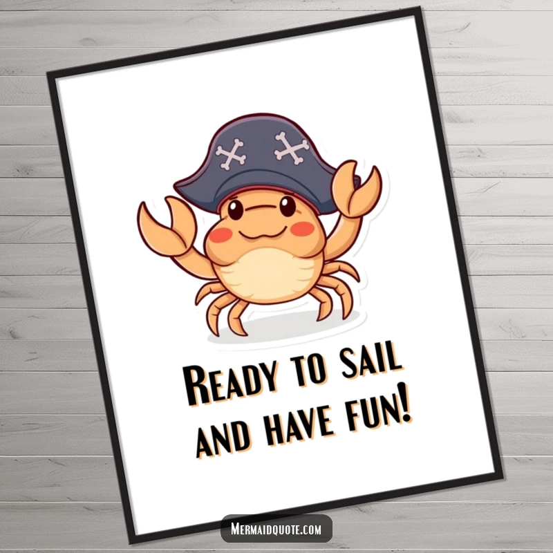 Funny Free Printable Wall Art: A crab sporting a pirate hat waves amicably, a humorous DIY nautical art piece.