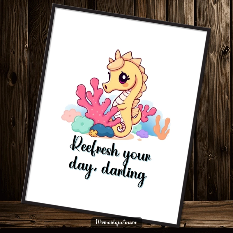 Funny Free Printable Wall Art: A curious seahorse peeking from behind vibrant coral, adding a touch of playful charm.