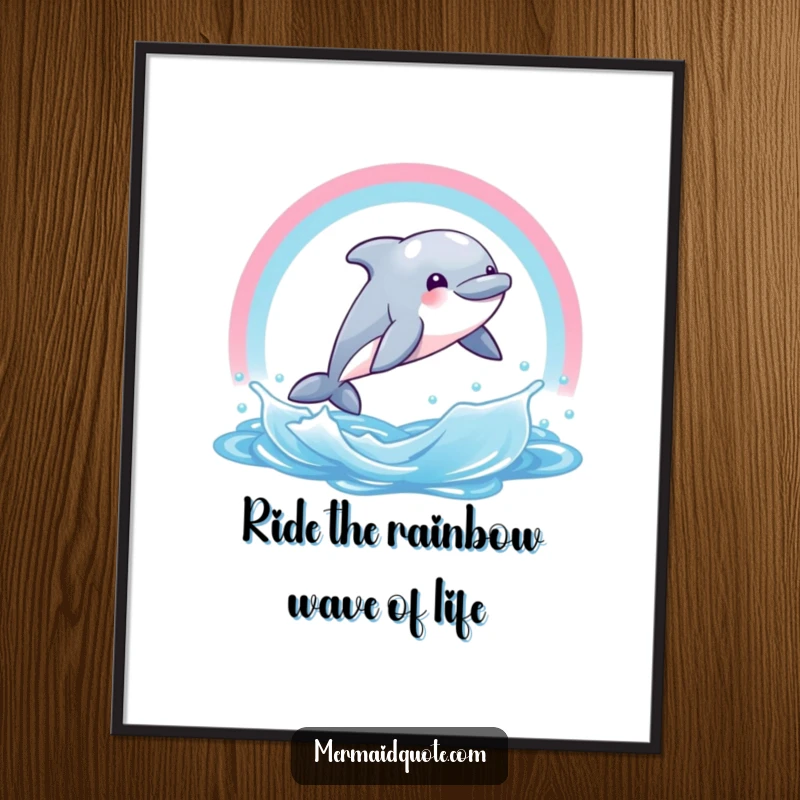 Funny Free Printable Wall Art: A giggling dolphin creature joyfully leaping through a spectacular rainbow arc of water.